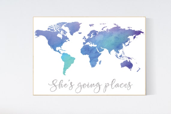 Pastel World Map print, nursery wall art, baby's nursery room decor, toddler room, purple teal blue mint color, kid room decor pastel map