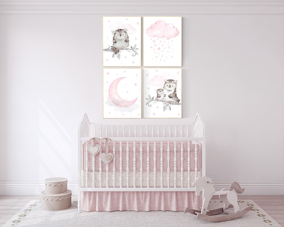Nursery decor girl owl, Owl print for nursery, moon and star nursery, owl nursery decor, pink and gray, nursery ideas, pink nursery decor
