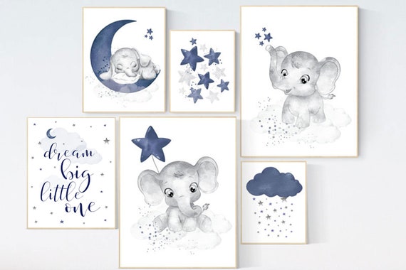 Nursery wall art elephant, boy nursery decor, moon and stars, navy nursery, boy nursery wall art, dream big little one, elephant prints