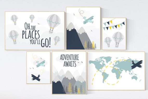 Adventure nursery decor, nursery decor boy adventure, nursery decor boy airplane, world map nursery, adventure awaits, oh the places