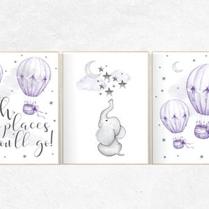 Nursery decor girl purple, nursery decor elephant, Nursery decor girl lavender and gray, oh the places you&#39;ll go, lilac, hot air balloons
