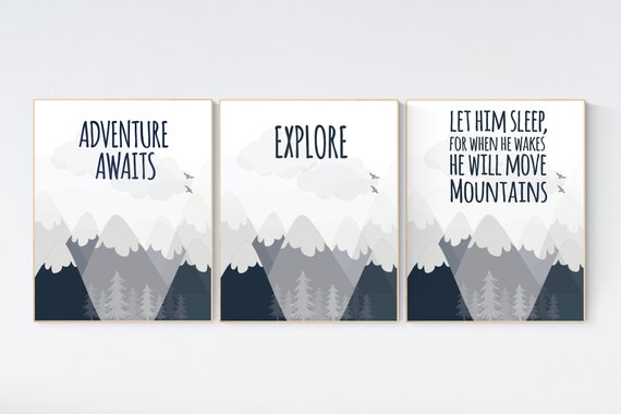 Adventure nursery decor, travel adventure nursery, nursery wall art boy, nursery prints boy mountain, airplane, world map, adventure awaits