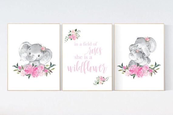 Nursery wall art elephant, nursery decor girl flower, nursery decor girl floral, Boho baby room, pink nursery decor, flower baby room