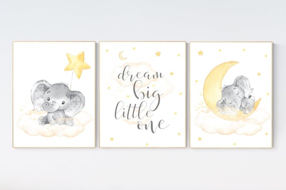 Nursery wall art neutral, nursery wall art elephant, cloud and stars, gender neutral, baby room decor, elephant balloon, yellow nursery