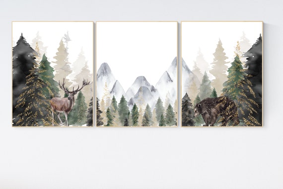 Nursery decor woodland, mountain wall art, tree nursery decor, adventure theme nursery, forest, sage green, beige, woodland animals