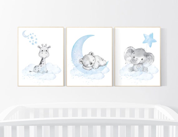 Nursery decor elephant and giraffe, animal nursery prints, baby blue nursery, blue nursery, baby room wall art, woodland animal prints