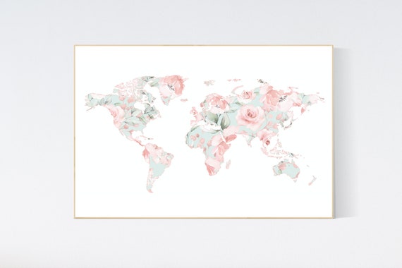 Nursery decor coral mint, Floral World Map, Girl Nursery Decor, Travel Nursery Art, floral Nursery Print, blush mint, floral nursery