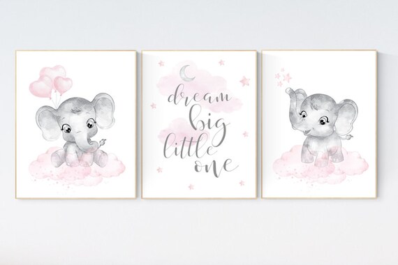 nursery decor elephant girl, baby room decor girl, nursery wall art elephant, pink gray, nursery prints elephants, dream big little one