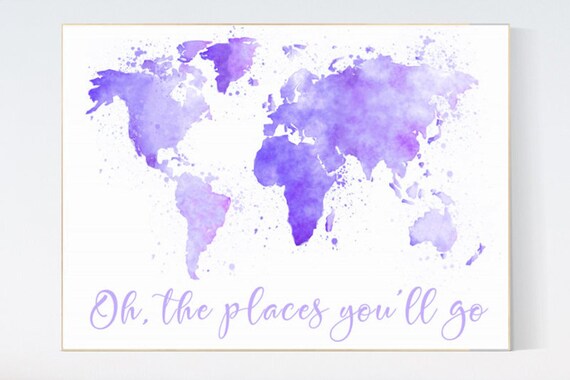 Purple World map watercolor, Oh the places you will go nursery, world map nursery print, nursery art print, lilac, lavender, world map