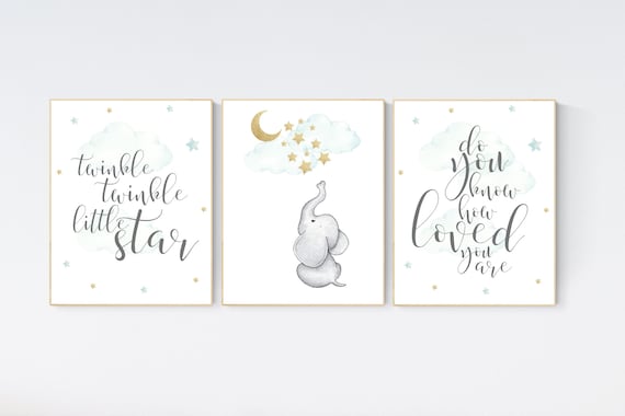 Nursery decor elephant, mint gold baby nursery, nursery decor boy and girl, cloud and star nursery, moon nursery decor, gender neutral