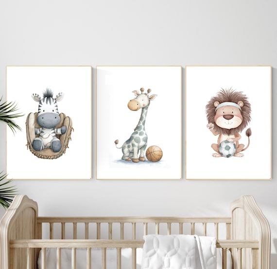 Safari Sports Nursery Wall Art – Set of 3 Animal Prints – Baseball Zebra, Basketball Giraffe, Soccer Lion – Boys Room Sports Decor