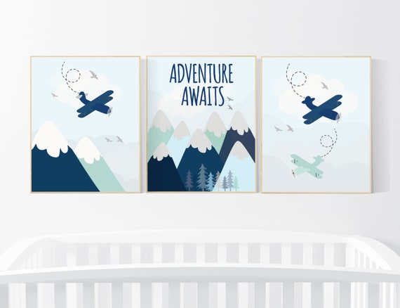 Adventure nursery decor, travel adventure nursery, nursery wall art boy, nursery prints boy mountain, airplane, world map, explore nursery