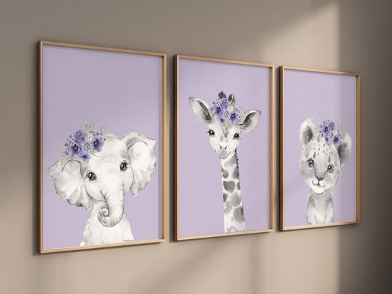 Purple nursery, girl nursery decor, animal nursery, Safari animals, purple Nursery Prints, elephant nursery, giraffe nursery, bear nursery