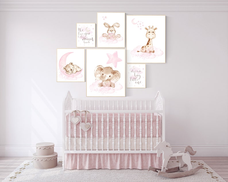nursery prints set pink nursery art Nursery decor jungle nursery prints animal Nursery decor girl woodland elephant giraffe bear bunny