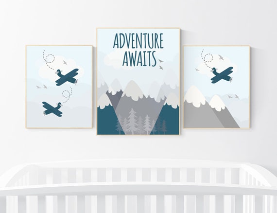 Adventure nursery decor, nursery decor boy adventure, nursery decor boy airplane, world map nursery, adventure awaits, mountain nursery