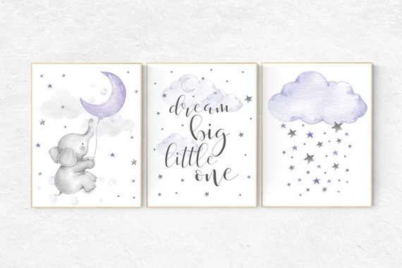 Nursery decor girl elephant, purple nursery, lilac nursery, dream big little one, purple nursery, Nursery decor girl lavender and gray,