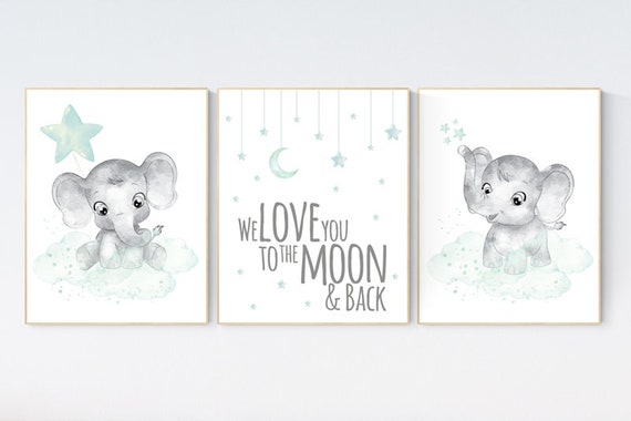 Baby Room Wall Decor Mint and Grey Nursery Elephant Theme Baby