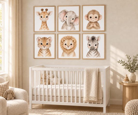 Safari Animal Nursery Prints: Watercolor Jungle Animals, Set of 6