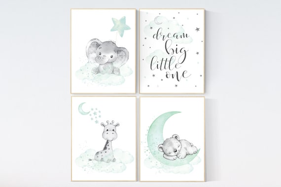 Mint nursery decor, nursery decor elephant, giraffe, bear, nursery wall art gender neutral, nursery decor twins, mint green nursery prints