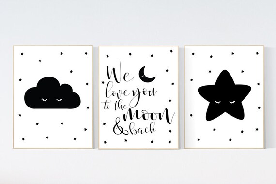 Gender neutral nursery, Black and white nursery,  Moon Cloud Stars, Cloud and Star, black and white, we love you to the moon and back