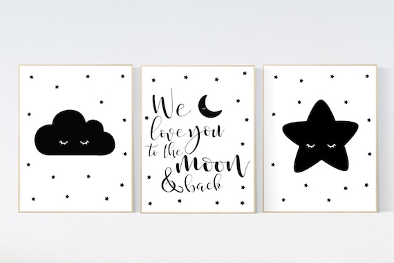 Gender neutral nursery, Black and white nursery,  Moon Cloud Stars, Cloud and Star, black and white, we love you to the moon and back