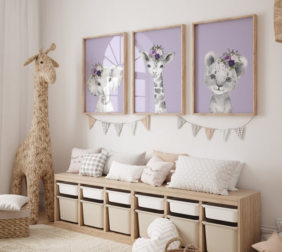 Purple nursery, girl nursery decor, animal nursery, Safari animals, purple Nursery Prints, elephant nursery, giraffe nursery, bear nursery