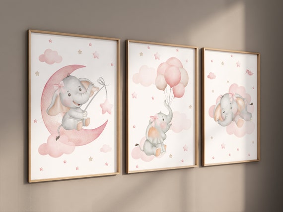 Elephant nursery, pink nursery, Nursery decor girl wall art, elephant prints for nursery, girls room decor, baby girl, moon nursery