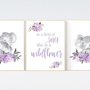 Nursery wall art elephant, nursery decor girl purple, nursery decor girl floral, lilac nursery decor lavender, Boho baby room, lilac nursery