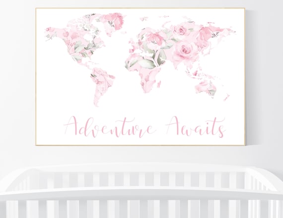 Floral World Map, Girl Nursery Decor, Travel Nursery Art, floral Nursery Print,  pink nursery, Nursery baby girl room, Adventure Awaits