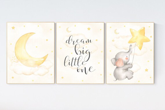 Cloud and stars nursery, Nursery wall art elephant, Nursery decor neutral, gender neutral, twinkle twinkle little star, yellow nursery, moon