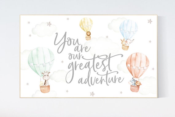 Nursery decor gender neutral, you are our greatest adventure, Hot air balloon nursery, safari animals, twin nursery, playroom decor, balloon