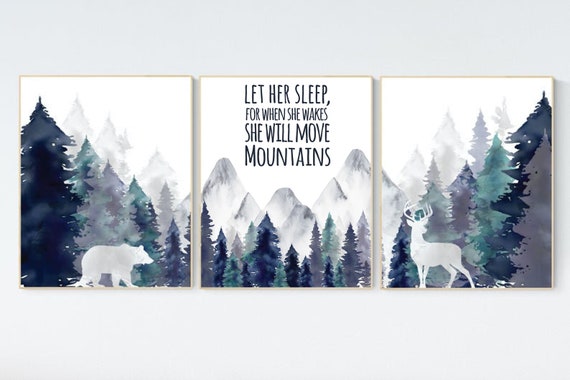 Nursery decor woodland, mountain wall art, tree nursery decor, adventure theme nursery, forest, navy and teal, woodland animals