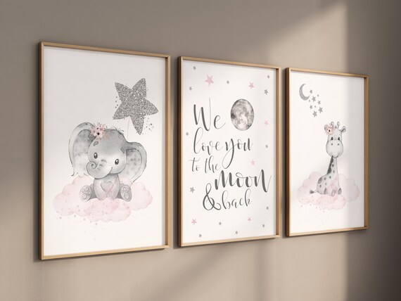 Elephant Giraffe Nursery Wall Decor, Pink Gray Silver Nursery, baby Girl Nursery Decor, we love you to the moon and back, pink silver