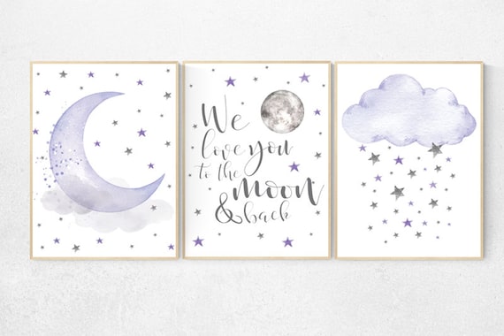 Nursery decor girl lavender and gray, Nursery decor girl purple, lilac nursery, we love you to the moon and back, purple nursery, cloud