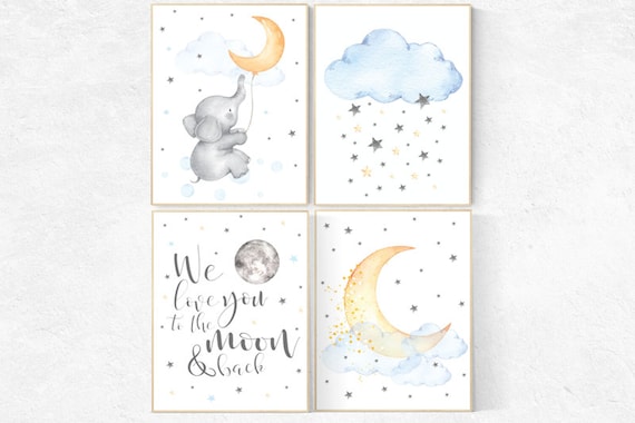 Nursery decor neutral, we love you to the moon and back, elephant nursery art,baby room decor,nursery prints, cloud and stars nursery art