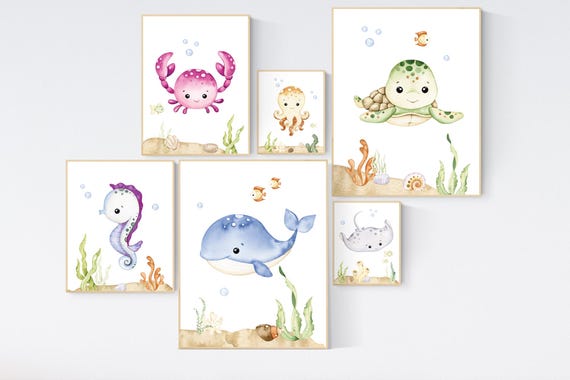 Ocean Animal Prints, Under the Sea Nursery Prints, Sea Animal Wall Art, Playroom Decor, gender neutral nursery, nursery prints, sea themed
