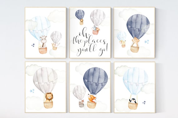 Nursery decor animals, hot air balloon, elephant giraffe, bear, gender neutral, nursery decor navy blue, gray, grey, neutral colors