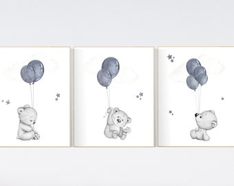 Teddy Bear Nursery Print: Navy Blue Balloons, Boy Nursery Art