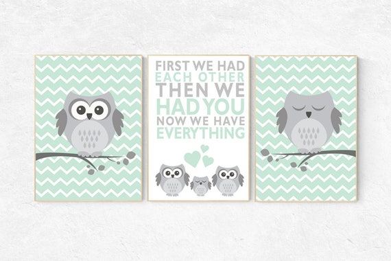 Mint nursery decor, First We Had Each Other, owl Nursery, Nursery Art, Nursery Decor, gender neutral nursery, set of 3, playroom decor