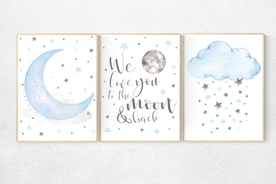 Blue and gray, Nursery decor boy, nursery decor, boys room decor, we love you to the moon and back , clouds and stars, blue grey nursery