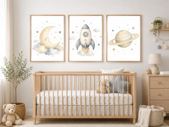 Space Nursery Wall Art Set of 3, Moon Rocket Planet Prints, Watercolor Celestial