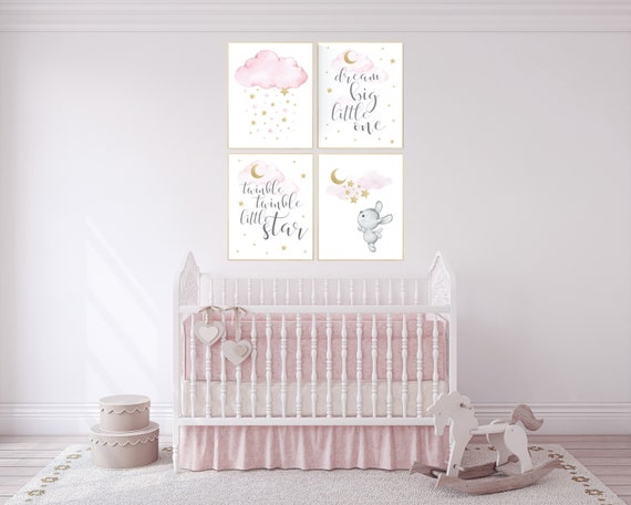 Pink gold nursery, Nursery decor girl bunny, cloud, moon and stars, pink nursery art, girl nursery ideas, pink and gold nursery wall art