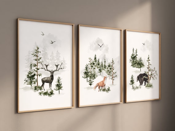 Nursery decor woodland, mountain wall art, tree nursery decor, adventure theme nursery, forest, sage green, beige, woodland animals