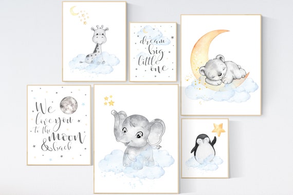Nursery decor gender neutral, Animal prints, Nursery wall art elephant, bear, giraffe, penguin, blue yellow, nursery wall decor, animals