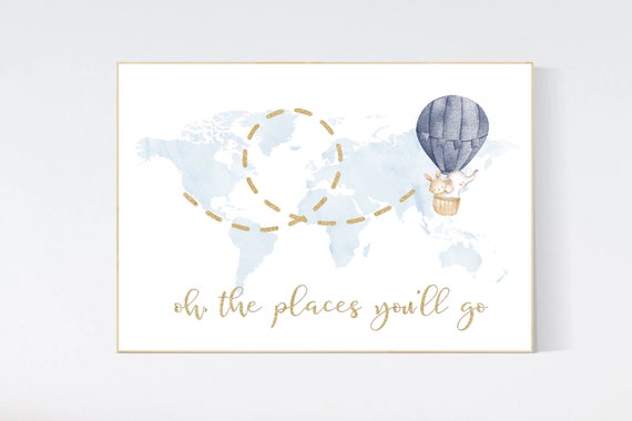 Oh the places you will go, world map, blue gold nursery print, baby room, nursery room decor, world map, glitter, oh the places you'll go