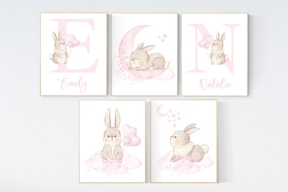 Nursery wall art bunny, pink nursery decor, Nursery decor girl flower bunny, bunny print nursery girl, rabbit nursery, rabbit print nursery