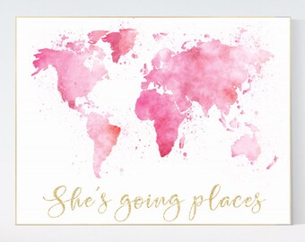 Pink Watercolor World Map Print: Nursery Decor Girl
