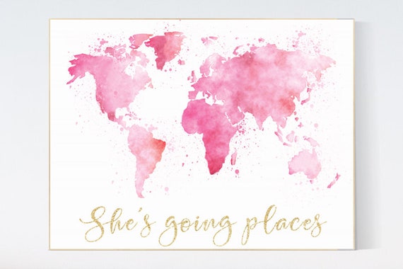 Pink gold world map watercolor, oh the places you'll go, pink and gold, world map print for nursery, nursery decor girl, pink and gold