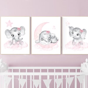 Nursery wall art girl elephant, pink and gray nursery decor, girl nursery ideas, baby registry, baby shower, nursery prints girl animal