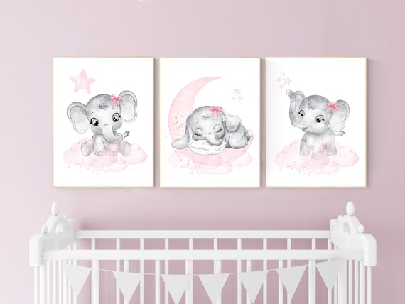 Nursery wall art girl elephant, pink and gray nursery decor, girl nursery ideas, baby registry, baby shower, nursery prints girl animal